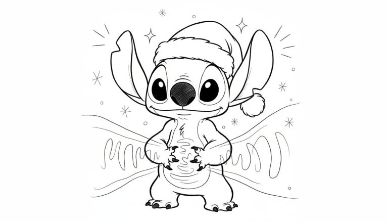 Zwart-wit tekening van Stitch met kerstmuts, glimlachend, met sterren en sneeuwvlokken op de achtergrond.