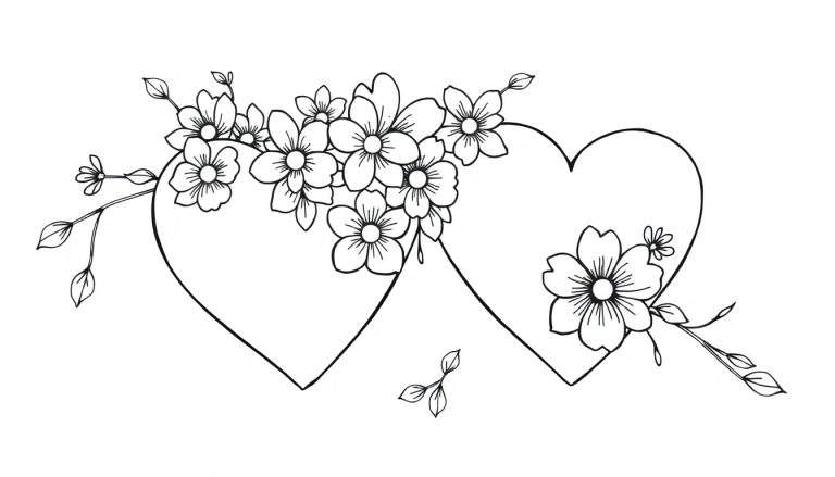 Zwart-wit lijntekening van twee hartjes, versierd met bloemen, takjes en blaadjes. De harten overlappen elkaar aan de bovenkant.