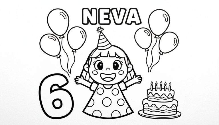 Kleurplaat van een lachend meisje met feestmuts, omringd door ballonnen en een verjaardagstaart met het cijfer 6.