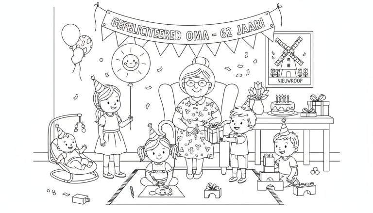 Kleurplaat van een verjaardagsfeest voor oma met slingers, cadeautjes, taart en kinderen.