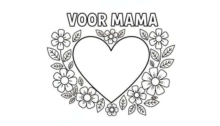 Zwart-wit kleurplaat met de tekst 'VOOR MAMA' bovenaan, een groot hart in het midden en daaromheen een krans van bloemen en blaadjes.