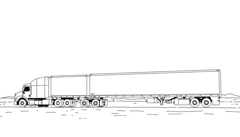 Zwart-wit lijntekening kleurplaat van een lange vrachtwagencombinatie met twee opleggers, rijdend op een weg met glooiende heuvels op de achtergrond.