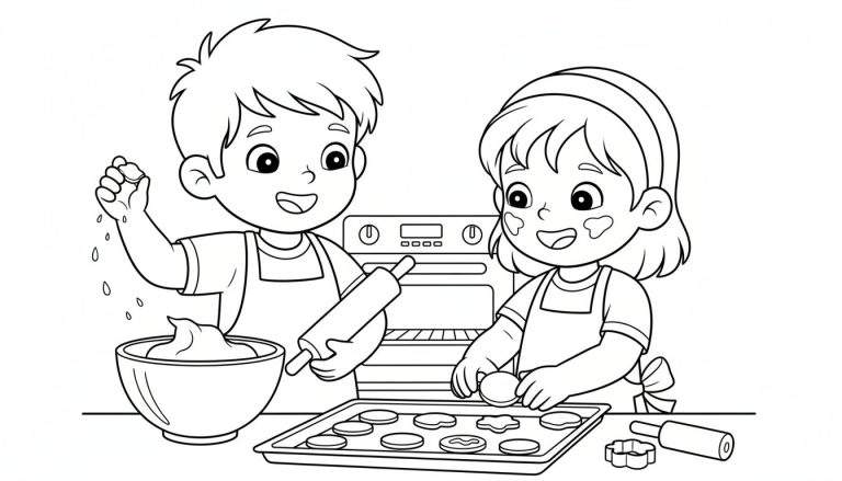 Illustratie van een jongen met een deegroller en een meisje met een koekjesvormpje, beiden vrolijk aan het bakken met bloem en deeg.