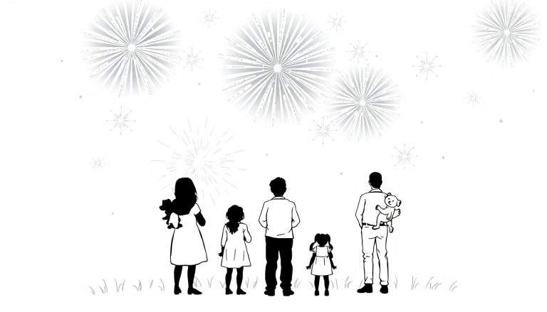 Kleurplaat met een groep mensen, inclusief een vrouw met een dier, een jongen en een man met een teddybeer, die omhoog kijken naar kleurrijk vuurwerk tegen een donkere lucht.