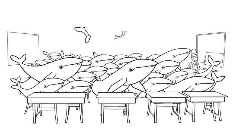 Kleurplaat van een klaslokaal gevuld met grote en kleine walvissen. Een vriendelijke leraar met hoge hoed staat rechtsachter en houdt een paneel vast.
