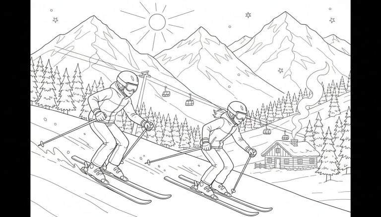 Kleurplaat van een winters berglandschap met twee skiërs, bergen, dennenbomen, een skilift, zon, sneeuwvlokken en een houten hut.