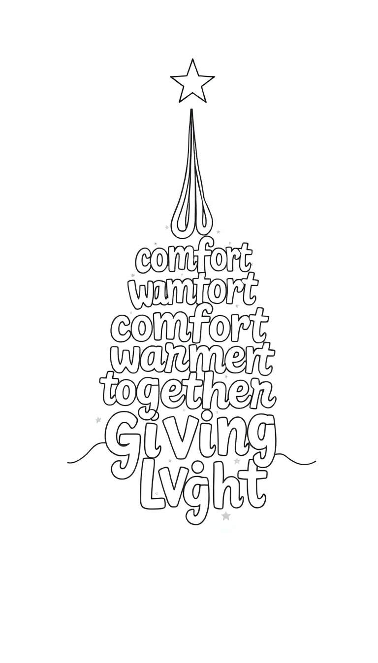 Zwart-wit lijntekening van een kerstboom gemaakt van woorden. De boom bevat de woorden 'comfort', 'warmth', 'together', 'Giving' en 'Light'. Bovenaan is een lege ster, de basis is een golvende lijn.