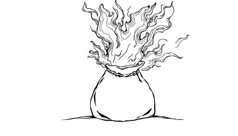 Zwart-witte lijntekening van een bolvormige zak met de opening dichtgebonden, waaruit grote, wervelende vlammen omhoog komen. Kleinere vlammetjes aan de zijkant.