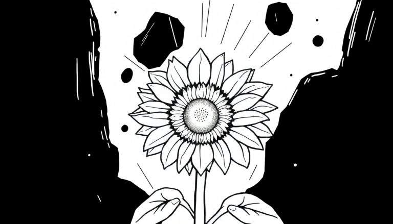 Zwart-wit tekening van een grote, gedetailleerde zonnebloem met een gestippeld hart, stralende lijnen, en twee handen aan de onderkant die de stengel vasthouden. De achtergrond is een mix van zwart en wit met abstracte vormen en vallende elementen.