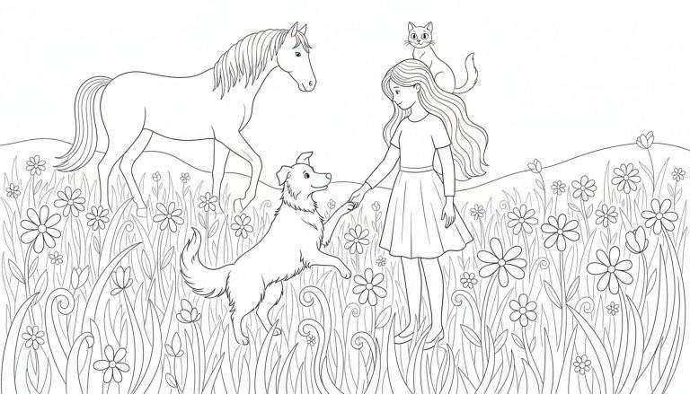 Kleurplaat van een lachend meisje met lang haar dat de poot van een spelende hond vasthoudt, terwijl een kat op haar hoofd zit. Een paard staat aan de linkerkant, allemaal in een weelderig bloemenveld.