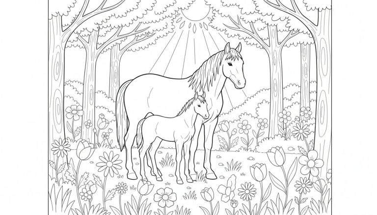 Kleurplaat van een moederpaard en haar veulen die vredig in een bloemrijk bos staan onder een stralende zon.