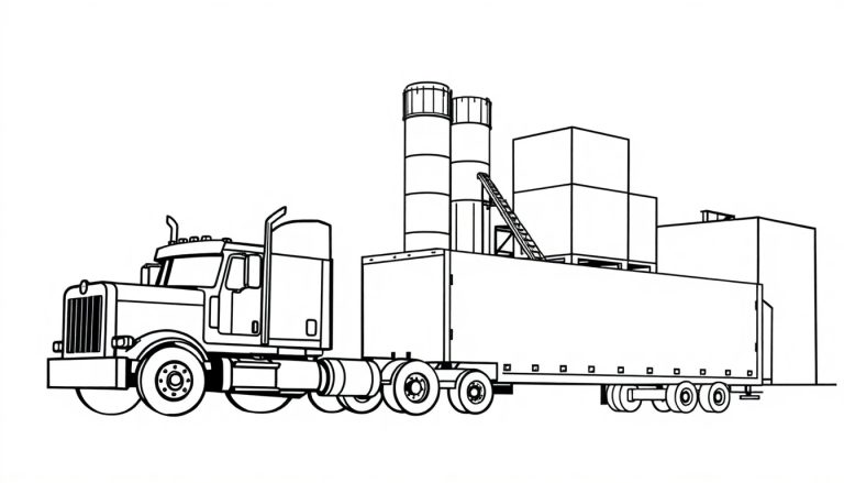 Zwart-wit lijntekening van een grote vrachtwagencombinatie met twee hoge cilinders en gestapelde dozen op de oplegger.