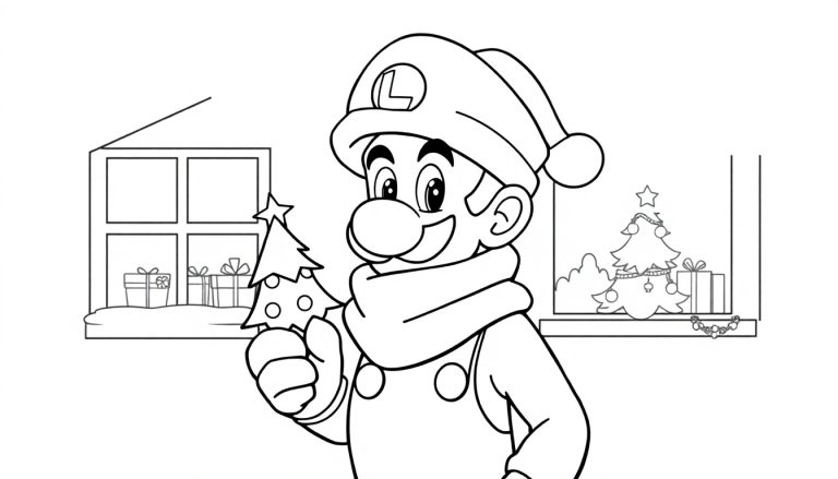 Zwart-wit lijntekening van Luigi in winterse kerstkleding, met een kerstboompje en een feestelijke achtergrond met ramen waarin cadeautjes en een kerstboom te zien zijn.