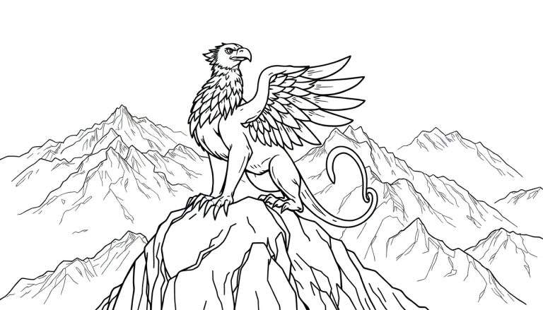 Zwart-wit lijntekening van een griffoen met uitgespreide vleugels die op een rotsachtige bergtop staat, kijkend naar links. Op de achtergrond een berglandschap.