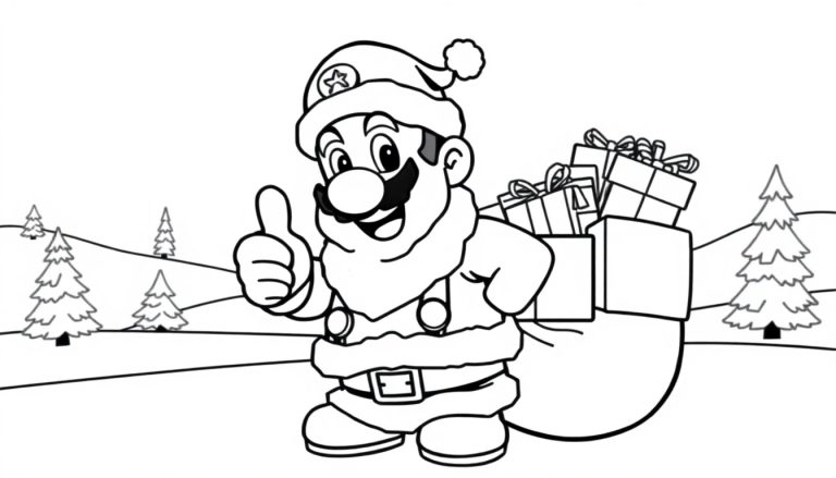 Zwart-wit kleurplaat van Mario verkleed als Kerstman met een volle witte baard, kerstmuts, kerstmanpak, riem, die zijn duim omhoog steekt en een grote zak vol cadeautjes draagt in een winterlandschap met besneeuwde heuvels en kerstbomen.
