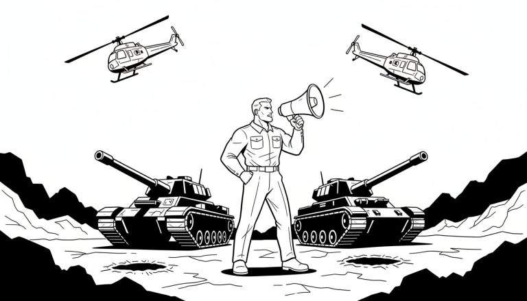 Kleurplaat van een militair leider met megafoon, geflankeerd door twee tanks en met helikopters in de lucht, in een rotsachtig landschap.