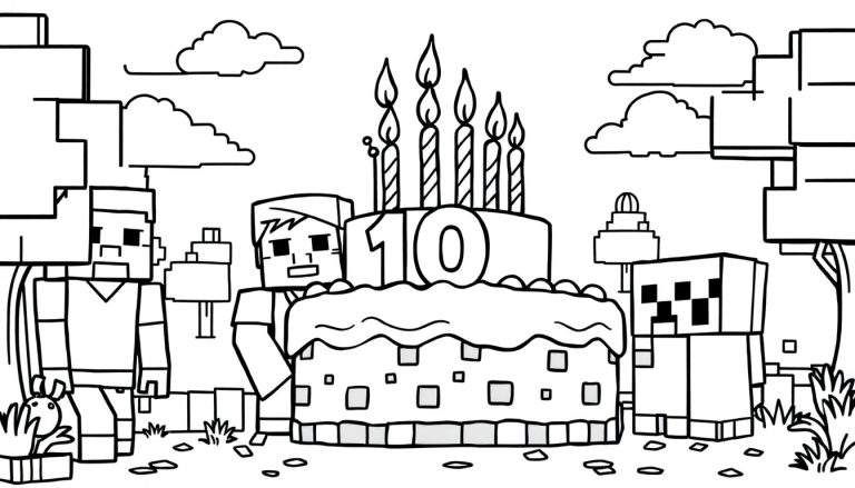 Minecraft-stijl kleurplaat van een feestelijke verjaardag met een taart met het cijfer 10, Steve, een Creeper en andere figuren in een blokkerige wereld.