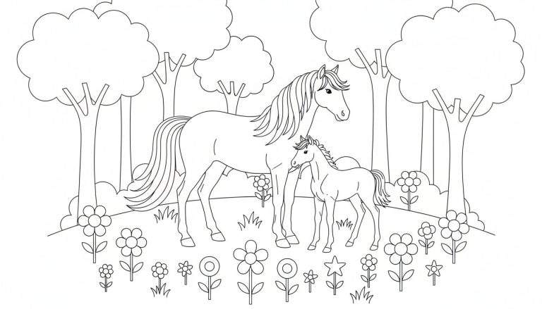 Kleurplaat van een volwassen paard en een veulen in een veld met bloemen en bomen.