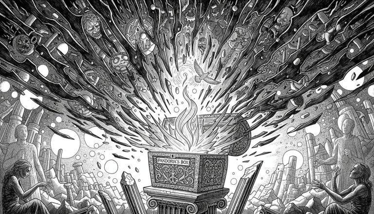 Zwart-wit illustratie van een versierde doos waaruit duistere vormen, doodshoofden en vlammen barsten. Een witte duif vliegt omhoog, gesymboliseerd door hoop. Menselijke figuren kijken toe vanaf de ruïnes.