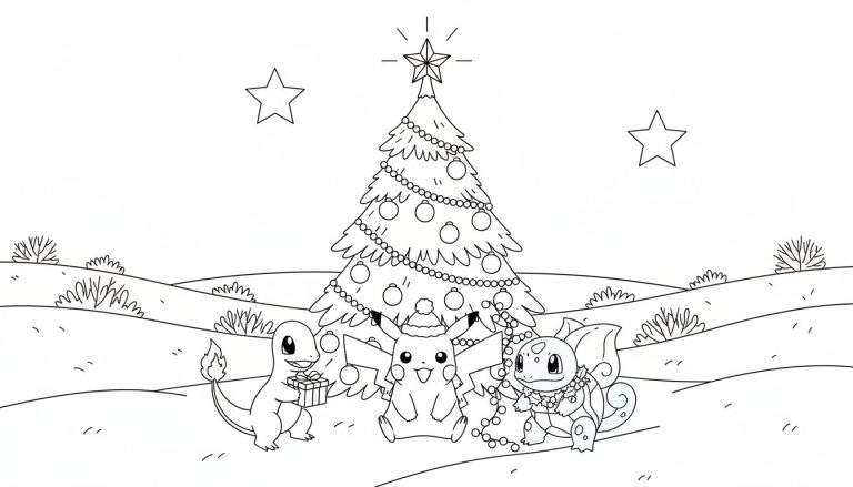 Kleurplaat met Pikachu met kerstmuts, Charmander met cadeau en Squirtle met kerstverlichting, staand bij een kerstboom in de sneeuw.