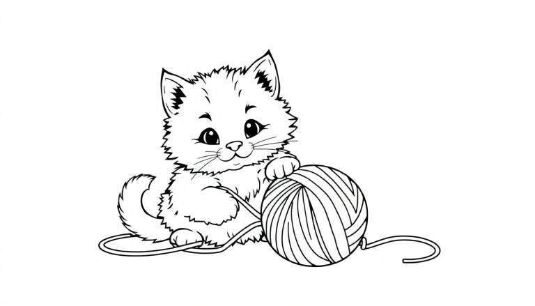 Zwart-wit tekening van een schattig, pluizig katje dat met zijn voorpoten een bol wol vasthoudt, met een draad wol die over de grond slingert. Het katje heeft grote ogen en een lachende mond.