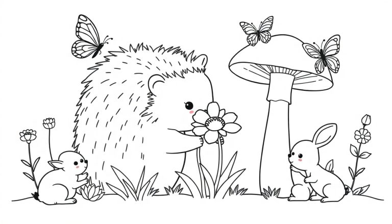 Kleurplaat van een schattige egel die aan een bloem ruikt, met vlinders op zijn rug en op een paddenstoel, en konijntjes op de voorgrond in een natuurlijke setting.