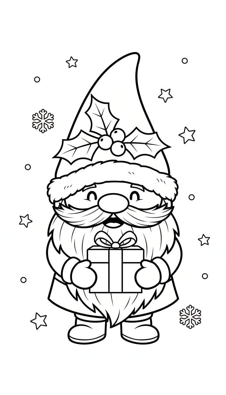 Kleurplaat van een schattige kabouter met een kerstmuts, baard, snor en een cadeau, omringd door sterren en sneeuwvlokken.