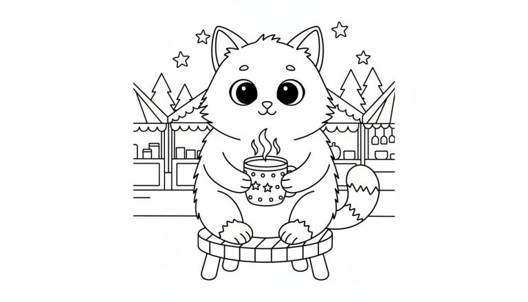 Zwart-wit lijntekening van een schattige, pluizige kat met grote ogen die op een houten krukje zit. De kat houdt een mok met stoom vast, versierd met sterren en stippen. Op de achtergrond staan marktkraampjes met golvende daken, puntige kerstachtige bomen en vijf-puntige sterren in de lucht.