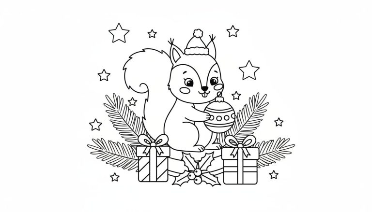 Een zwart-wit lijntekening van een schattige eekhoorn met kerstmuts, kerstbal, cadeautjes en dennentakken, klaar om ingekleurd te worden.
