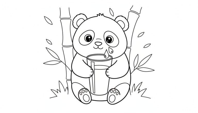 Kleurplaat van een schattige pandabeer die een glas met een rietje vasthoudt, omringd door bamboe en vallende druppels.