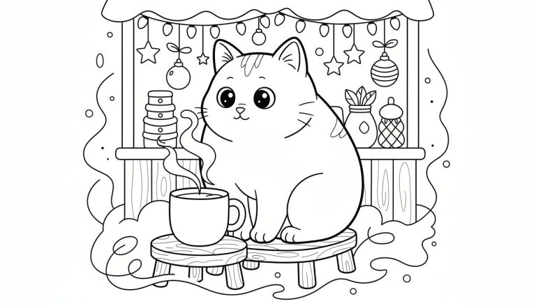 Kleurplaat van een mollige cartoonkat die op een krukje zit naast een dampende mok, met een vensterbank vol decoraties zoals potjes, een vaasje en een feestelijke slinger erboven.