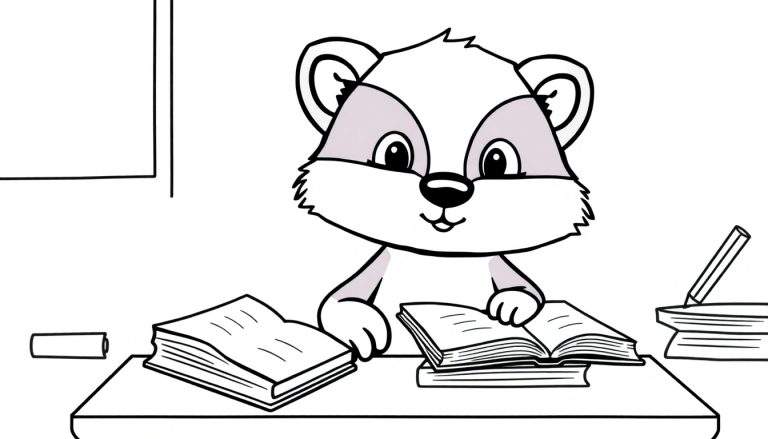 Kleurplaat van een schattig wit dier met paarsgrijze vlekken, zittend aan een bureau met open boeken, een potlood en een gum, studerend.