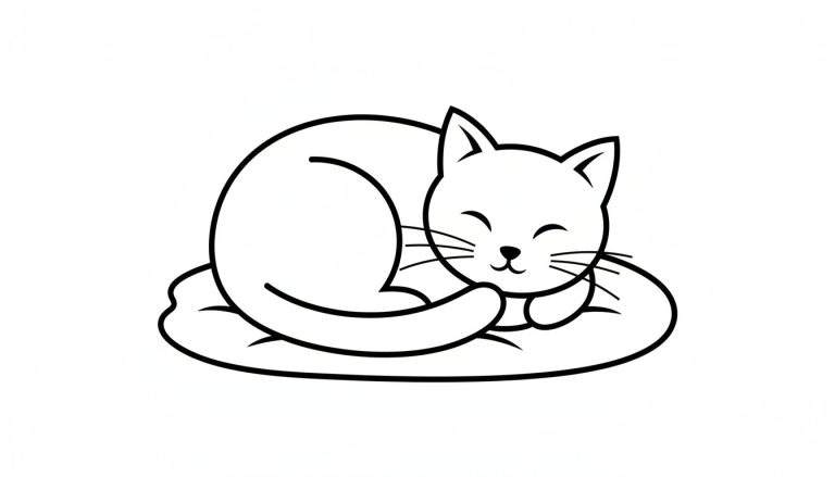 Zwart-wit lijntekening van een schattige, slapende kat opgerold op een kussen met een tevreden uitdrukking.