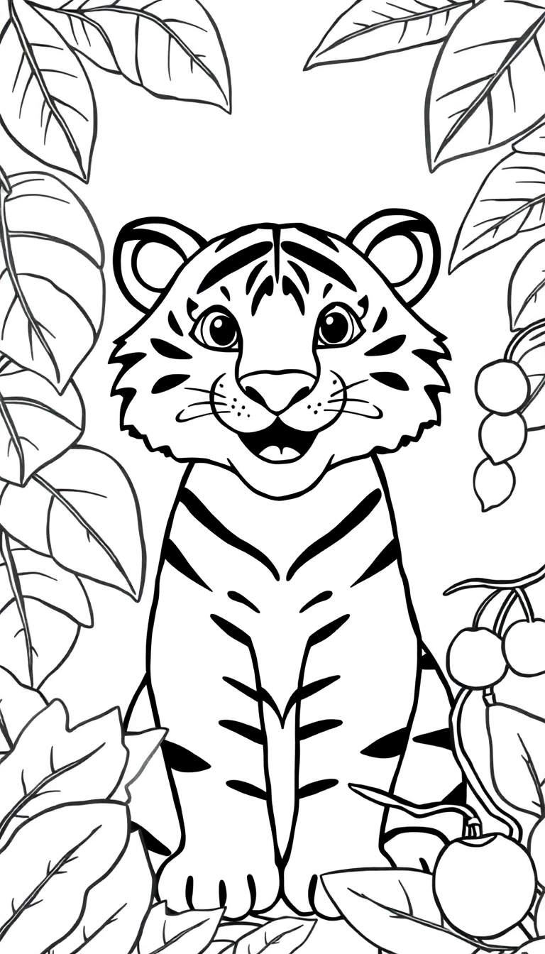 Een schattige tijger met grote ogen en een lachende mond, zittend te midden van junglebladeren met bessen.