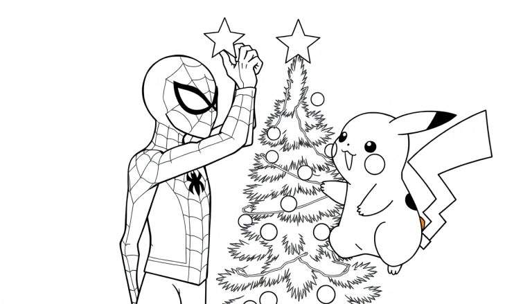 Kleurplaat van Spider-Man en Pikachu die een kerstboom versieren. Spider-Man staat links en houdt sterren vast voor de top, terwijl Pikachu rechts de kerstverlichting ophangt.