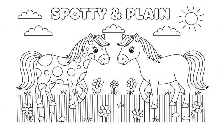 Zwart-witte lijntekening van twee paarden, een gevlekt paard genaamd Spotty en een effen paard genaamd Plain, die elkaar aankijken met een vriendelijke uitdrukking. Boven hen staat de tekst 'SPOTTY & PLAIN'. De achtergrond toont wolken, een stralende zon en onderaan een hekje met bloemen en gras.