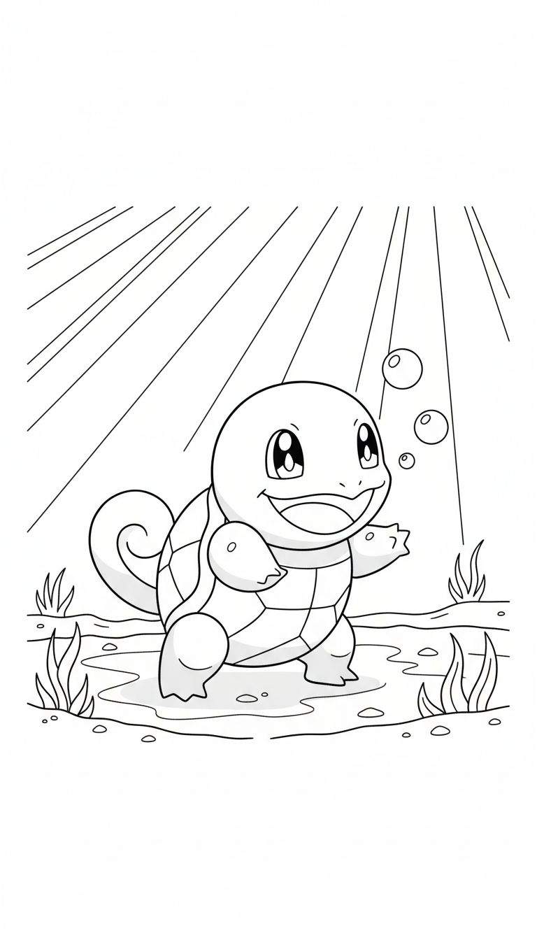 Kleurplaat van Squirtle, de water-Pokémon, die blij lachend omhoog kijkt. Er zijn grasjes en bellen rondom hem en schuine lichtstralen aan de bovenkant.