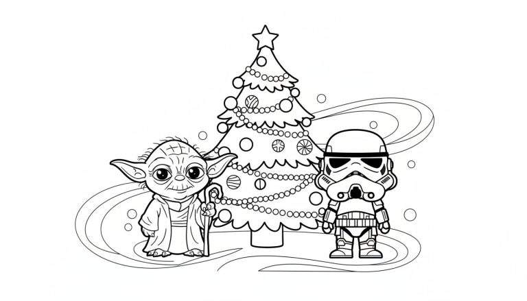 Kleurplaat met een cartoon Yoda die een kerststaf vasthoudt, een versierde kerstboom met een ster aan de top, en een cartoon Stormtrooper. De achtergrond is versierd met golvende lijnen en cirkels.