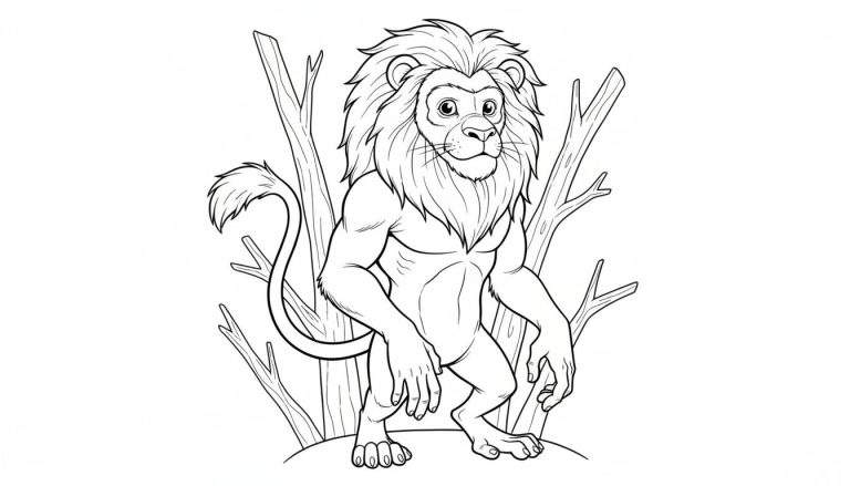 Zwart-wit lijntekening van een leeuw op achterpoten, omringd door takken.