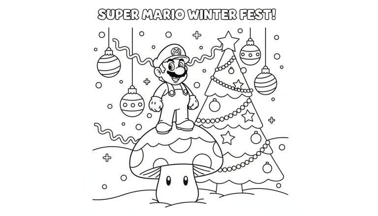 Kleurplaat met Super Mario die lachend op een paddenstoel staat voor een kerstboom, met de tekst 'SUPER MARIO WINTER FEST!' erboven en winterse decoraties.