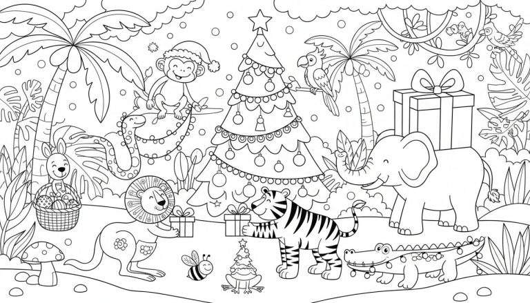 Kleurplaat van jungle dieren die Kerstmis vieren in een tropische omgeving, met een kerstboom, palmbomen, cadeaus en slingers.