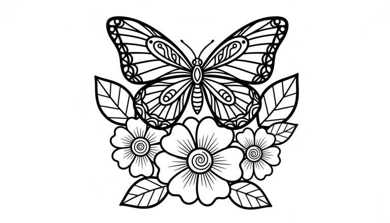 Een zwart-witte lijntekening van een gedetailleerde vlinder met wijd gespreide, mandala-achtige vleugels, bovenop een groep bloemen met spiraalvormige centra en bladeren met zichtbare nerven.