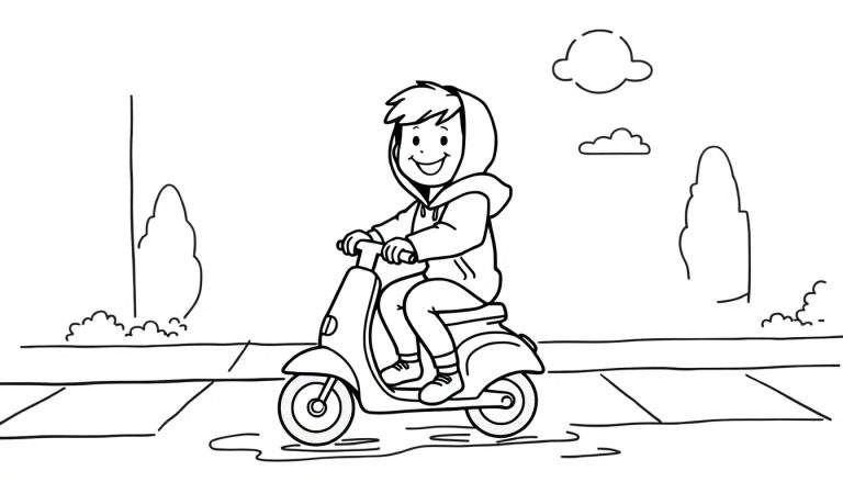 Zwart-wit lijntekening van een lachend kind op een scooter, rijdend op een verhard pad met een plas water. Op de achtergrond staan een paal, bomen, struiken en twee wolkjes.