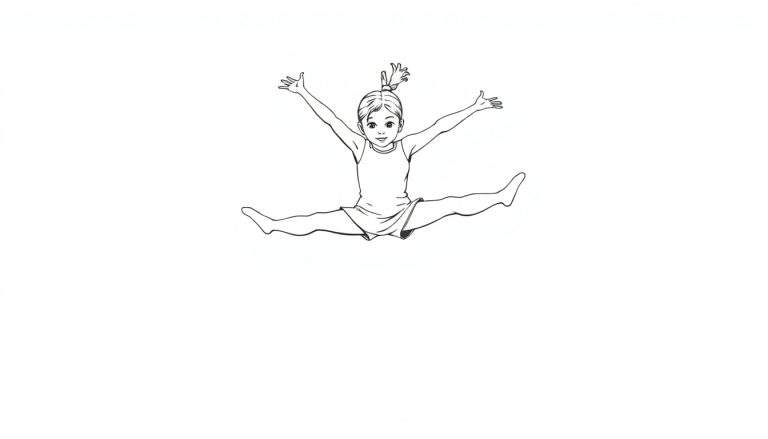 Lijntekening van een lachend jong meisje in een spreidsprong met haar armen gespreid.