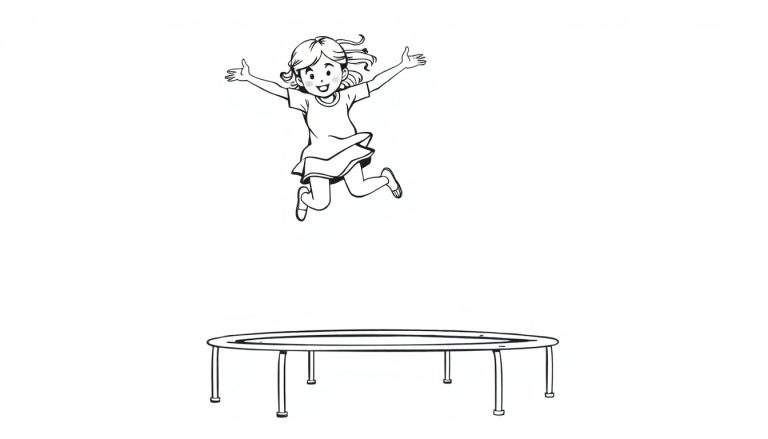 Kleurplaat van een lachend jong meisje dat vrolijk hoog in de lucht springt op een trampoline.