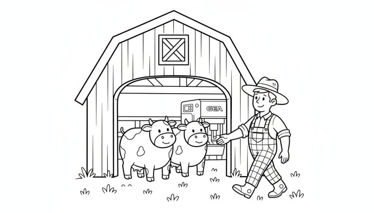 Zwart-wit kleurplaat van een boerderij met een houten schuur, een GEA melkmachine, twee vrolijke koeien en een lachende boer in tuinbroek.