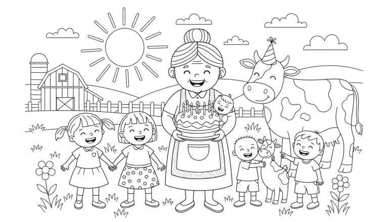 Kleurplaat van een blije oma met een verjaardagstaart met 61 kaarsen en een baby, omringd door lachende kinderen, een koe met feesthoedje en kalfjes, op een boerderij met schuur, silo, hek en zon.
