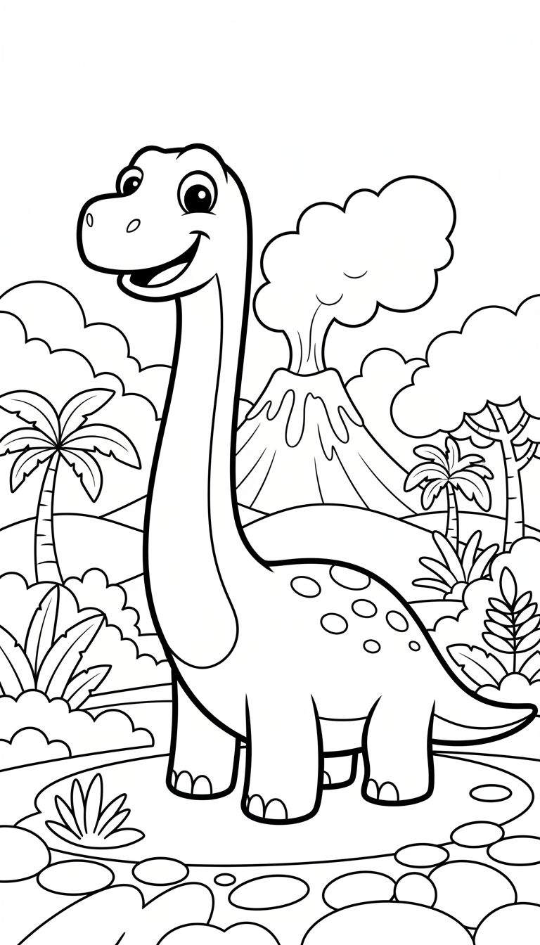 Kleurplaat van een grote, lachende dinosaurus met een lange nek en ronde vlekken op zijn rug, staand in een prehistorische omgeving met palmbomen, grote bladeren, struiken en een rokende vulkaan op de achtergrond.