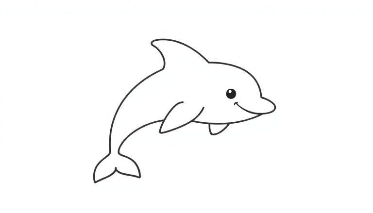 Zwarte lijnen tekening van een glimlachende dolfijn op een witte achtergrond, bedoeld als kleurplaat.