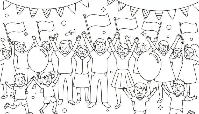 Kleurplaat van een grote groep blije mensen, volwassenen en kinderen, die hun armen in de lucht steken, juichend en feestend met vlaggen, slingers en ballonnen.